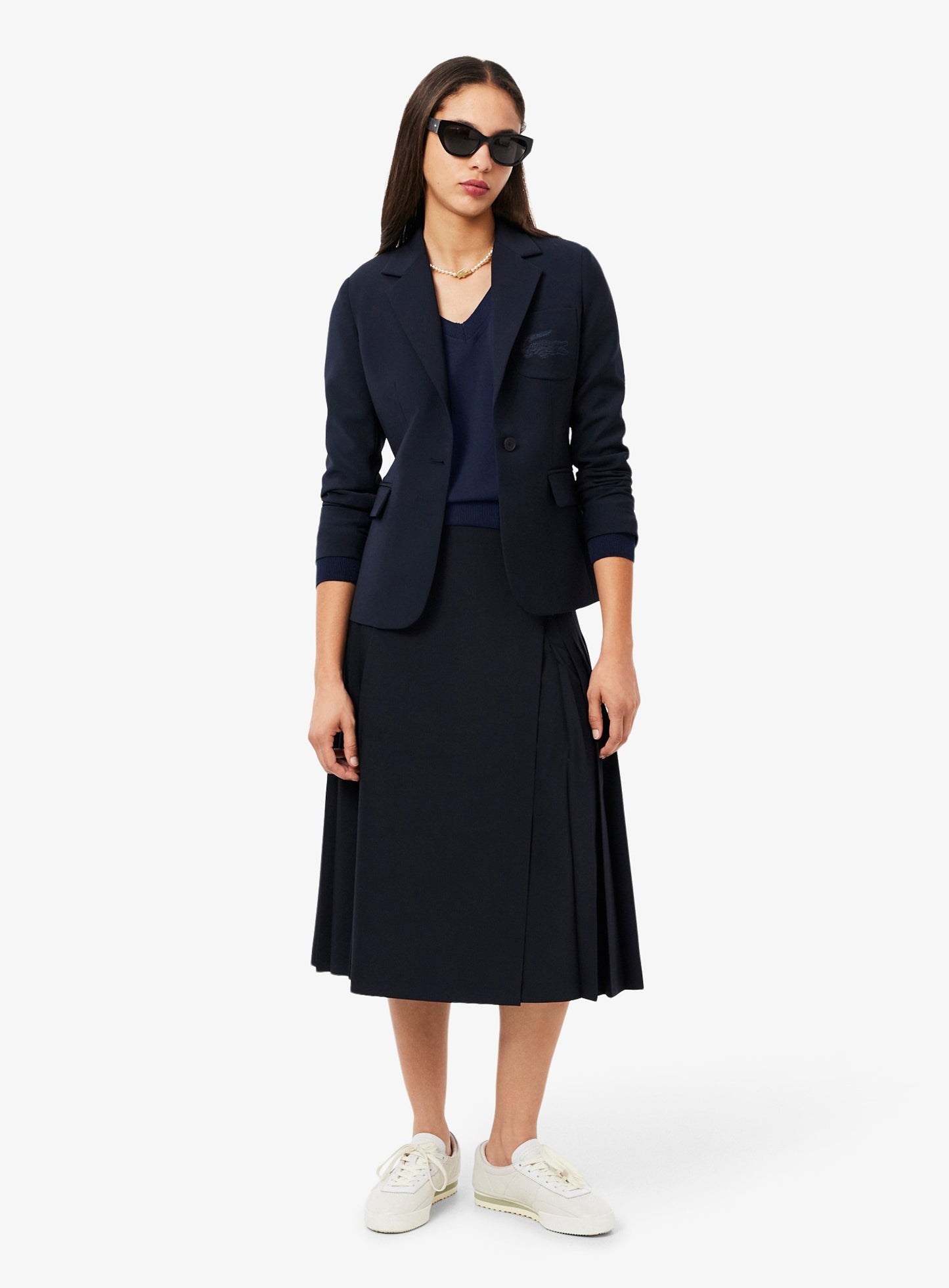 LACOSTE WOMEN Seamless Knit V Neck Sweater Midnight Blue
