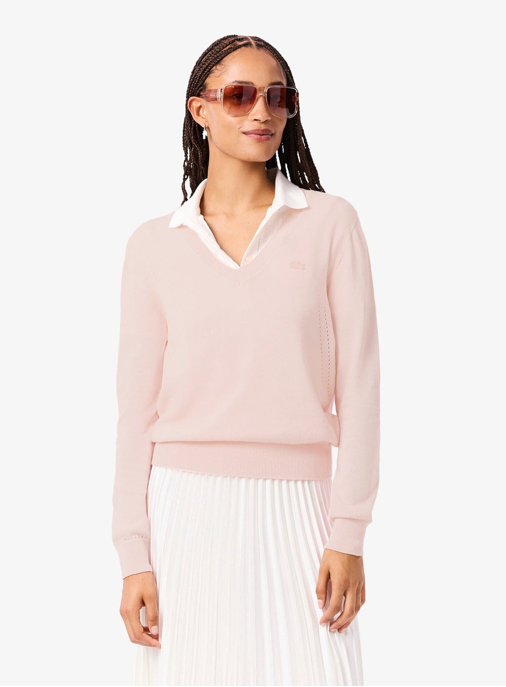 LACOSTE WOMEN Seamless Knit V Neck Sweater Light Pink