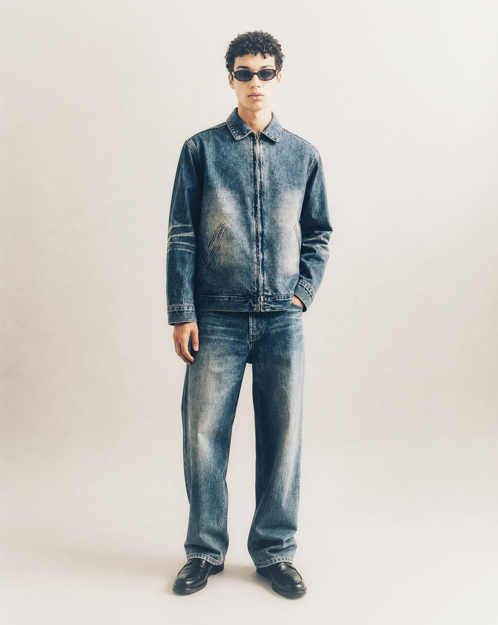 RUNDLE Vintage Wash Zip Up Denim Jacket Washed Blue
