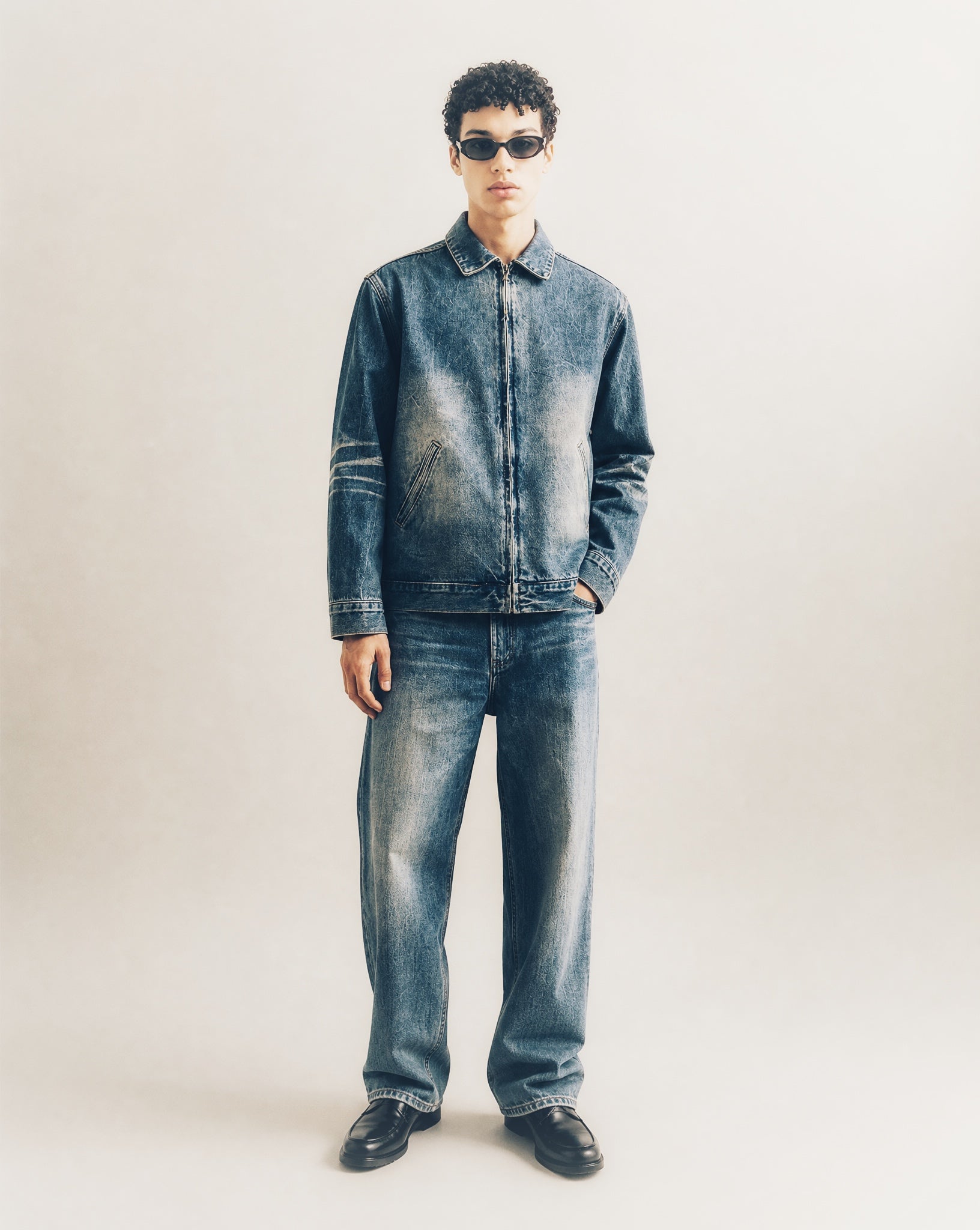 RUNDLE Vintage Wash Zip Up Denim Jacket Washed Blue