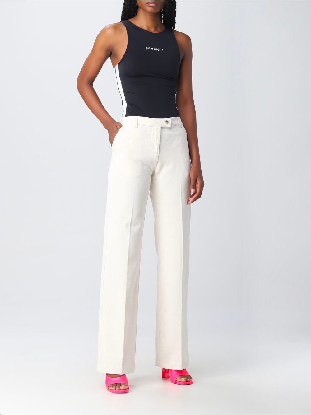 PALM ANGELS WOMEN Bull Straight Leg Denim Pants White/Fluo